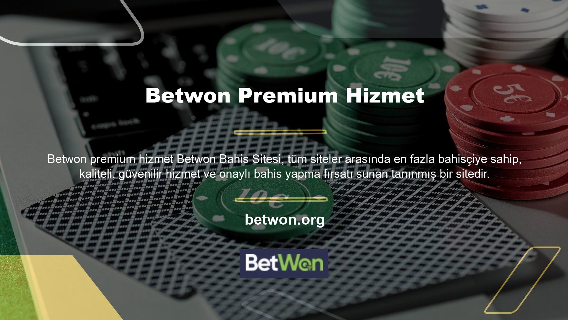 Ayrıca bahis meraklıları arasında popüler olan en popüler casino oyun ortamı ve bahis sitesi Betwon, birinci sınıf hizmet, yerel müşteri hizmetleri ve Türk pokeri oynama fırsatı sunuyor